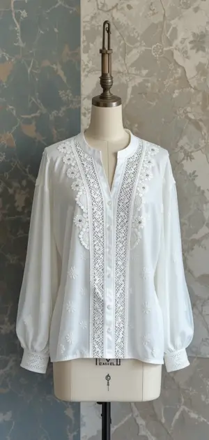 A women’s white blouse with lace panels and delicate embroidered flowers.
