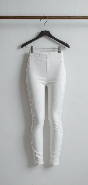A pair of white leggings with intricate stitched detailing, hanging on a black hanger against a white background.