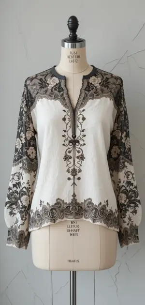 White blouse with black embroidery and lace accents on a mannequin.