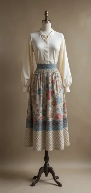 White blouse with a vintage-style floral lace skirt.