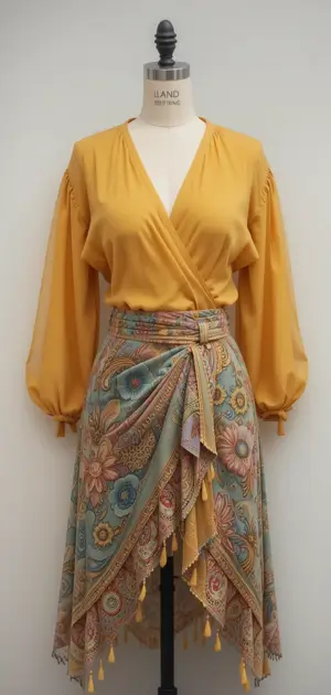 A mannequin wearing a mustard blouse and a paisley wrap skirt.