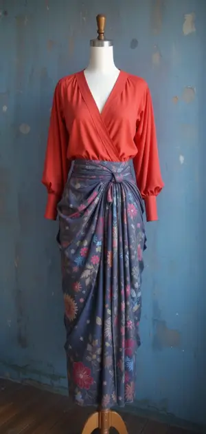 A mannequin dressed in a red blouse and a draped floral wrap skirt.