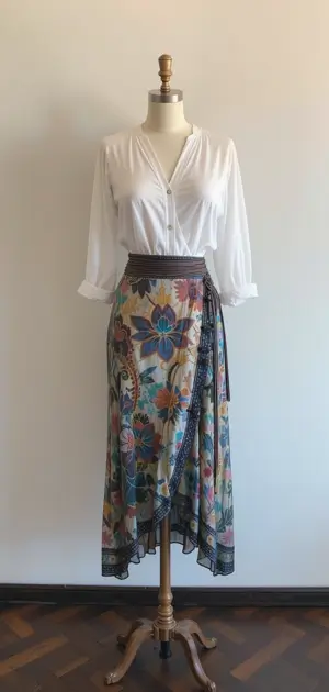 A mannequin styled in a white blouse and a sheer floral wrap skirt.