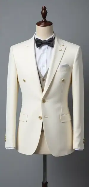 Ivory wool suit with a black bow tie