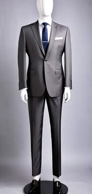 Charcoal gray wool suit with blue tie
