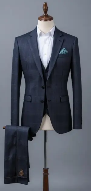 Navy blue wool suit on display