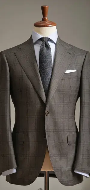 Grey checkered wool modern fit suit on mannequin