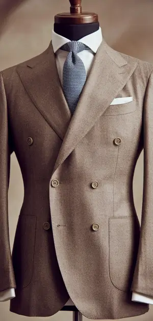 Beige double-breasted wool suit on display