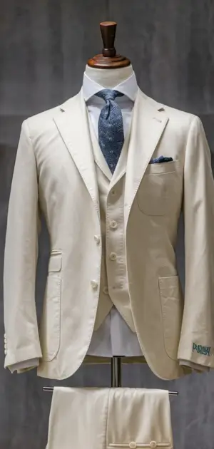Off-white wool three-piece suit on display