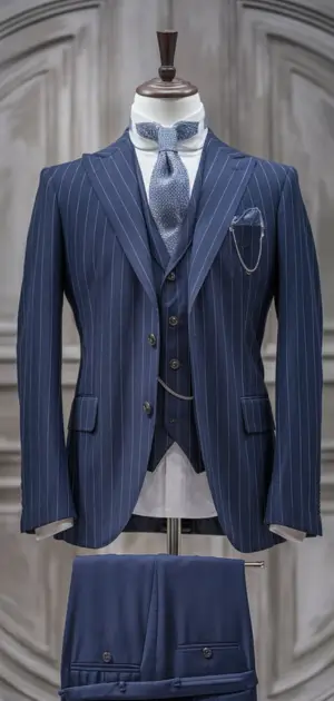 Navy blue striped wool three-piece suit on mannequin