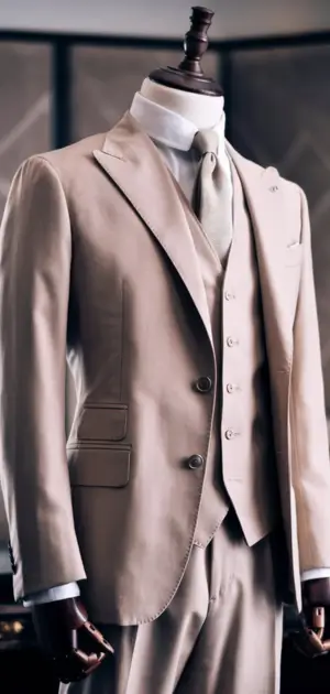 Contemporary tan wool suit styled on a mannequin
