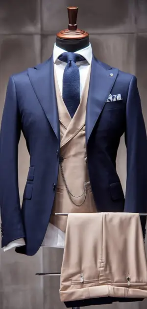 Classic beige wool suit styled on a mannequin