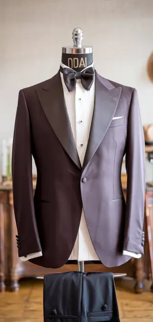 Mannequin showcasing a dual-tone wool tuxedo suit