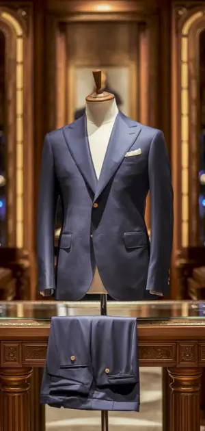 Sleek blue wool suit in a refined boutique display