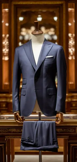Refined dark blue wool suit on display in an upscale shop