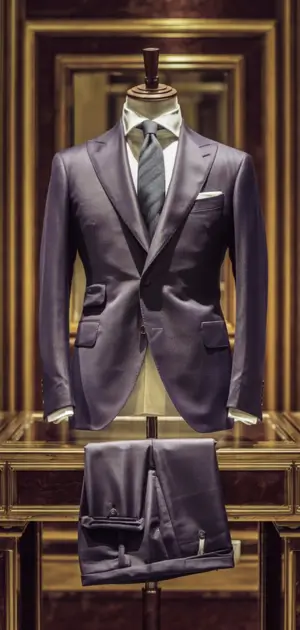 Elegant navy blue wool suit displayed in a luxurious store
