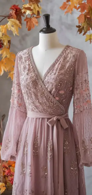 Peach wrap dress with floral embroidery