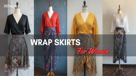 A selection of wrap skirts displayed on mannequins, styled with tops.