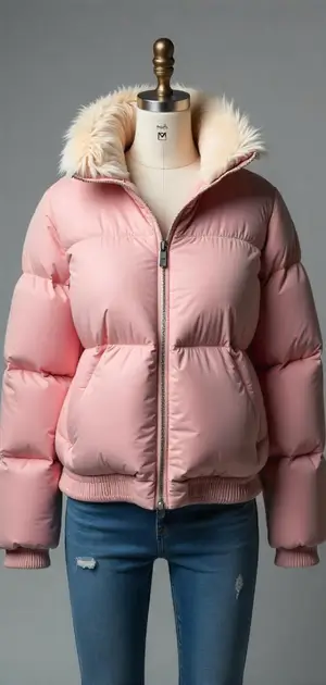 Pink puffer jacket with white fur collar on mannequin