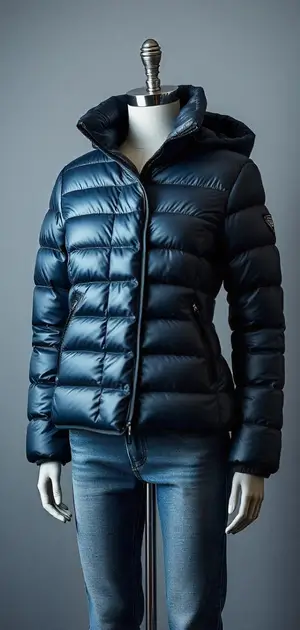 Navy puffer jacket with hood on mannequin