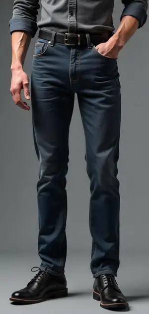 Man wearing dark-wash slim-fit jeans with a black belt and black dress shoes