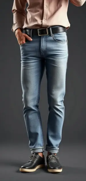 Man wearing light blue spring jeans with a black belt and dress shoes
