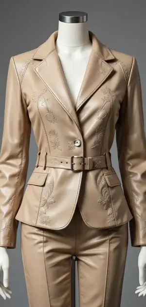 Beige leather blazer with floral embossed detailing and belt