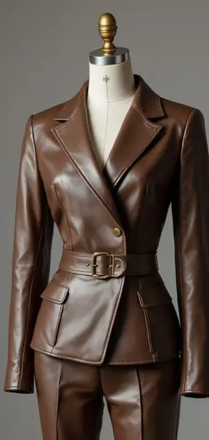 Dark brown leather blazer with a waist belt and classic details