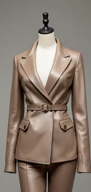 Taupe leather blazer with a belted waist and sharp lapels