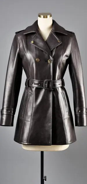 Black leather coat with a belted waist for women.