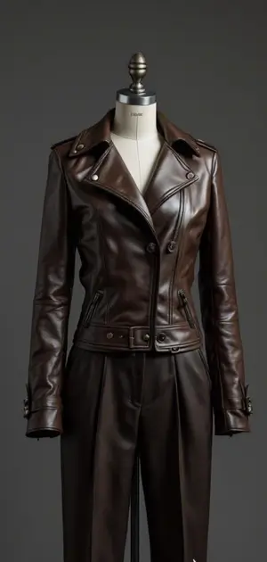 Brown belted leather jacket on a mannequin