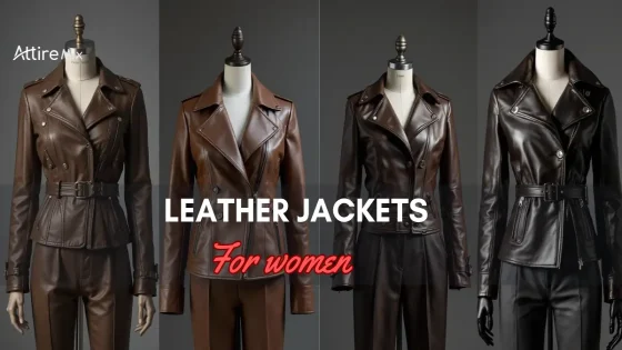 Various styles of leather jackets for women on mannequins