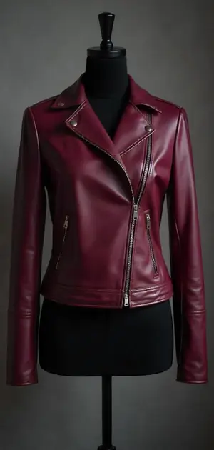 Burgundy leather biker jacket on display