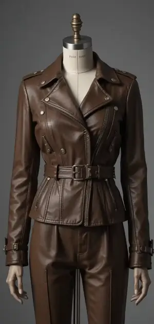 Brown leather jacket with a belt and silver buttons on a mannequin