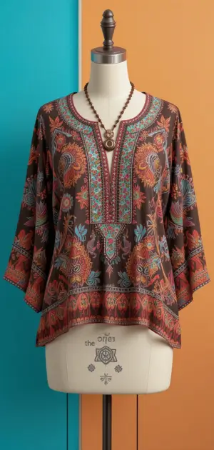 A colorful bohemian blouse featuring floral designs and a relaxed fit for comfort.