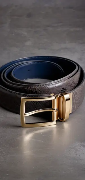 Gray and blue leather belt with a gold buckle