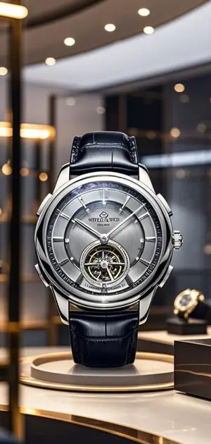 Modern silver wristwatch with a grey dial and a black leather strap