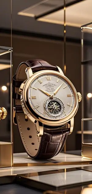 Gold and brown wristwatch with a tourbillon and classic Roman numeral markers