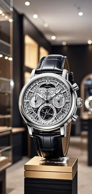 Silver luxury wristwatch with a skeleton dial and black leather strap.