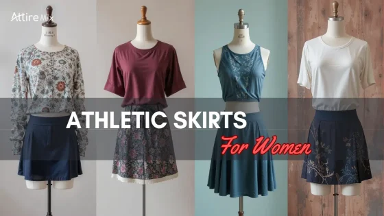 A lineup of women’s athletic skirts paired with different casual tops.