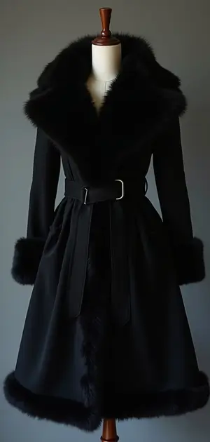 Black belted coat with a faux fur trim.