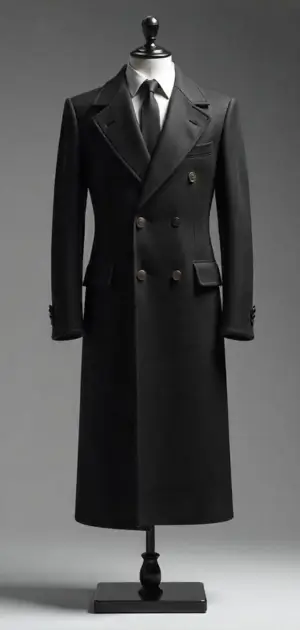 A long, structured black double-breasted overcoat with peak lapels.