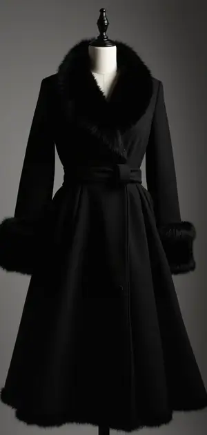 Elegant black fur-trimmed coat with a cinched waist.
