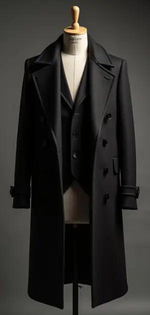 A black double-breasted overcoat styled with a matching vest on a mannequin.
