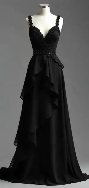Elegant black maxi dress with lace-trimmed straps and a beaded waistline.