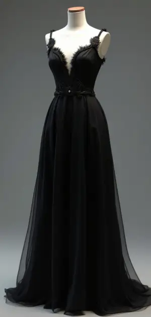 Flowing black maxi dress with sheer tulle skirt and lace-trimmed bodice