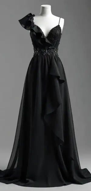 Chic black maxi dress with an asymmetrical ruffle and lace bodice.