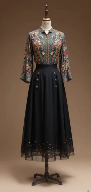 Black skirt with decorative buttons and a vibrant floral blouse.