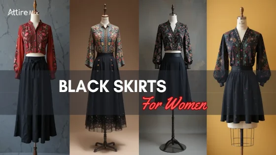 Four black skirts styled with embroidered tops for women's fashion.