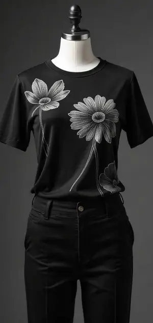 Black T-shirt with white floral prints, paired with black jeans